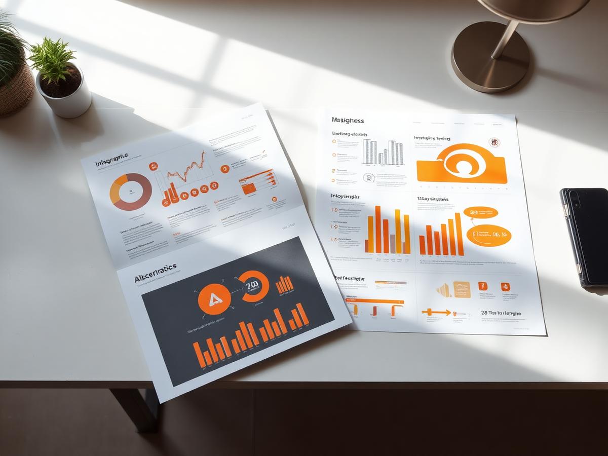 Infografiken mit Diagrammen und Piktogrammen in Anthrazit und Orange auf einem hellen Schreibtisch