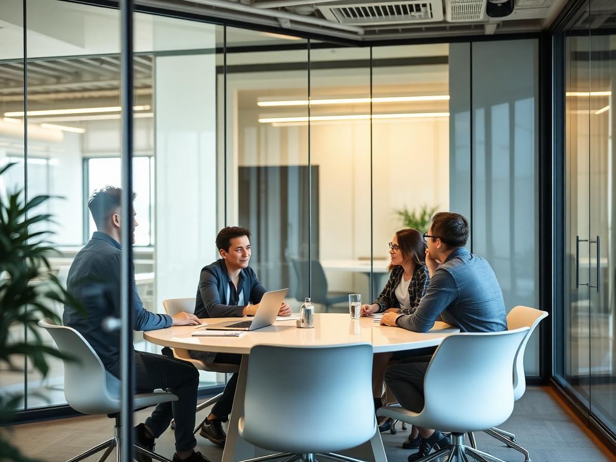 Kleines Team im Gespräch an einem runden Tisch in einem hellen Büro